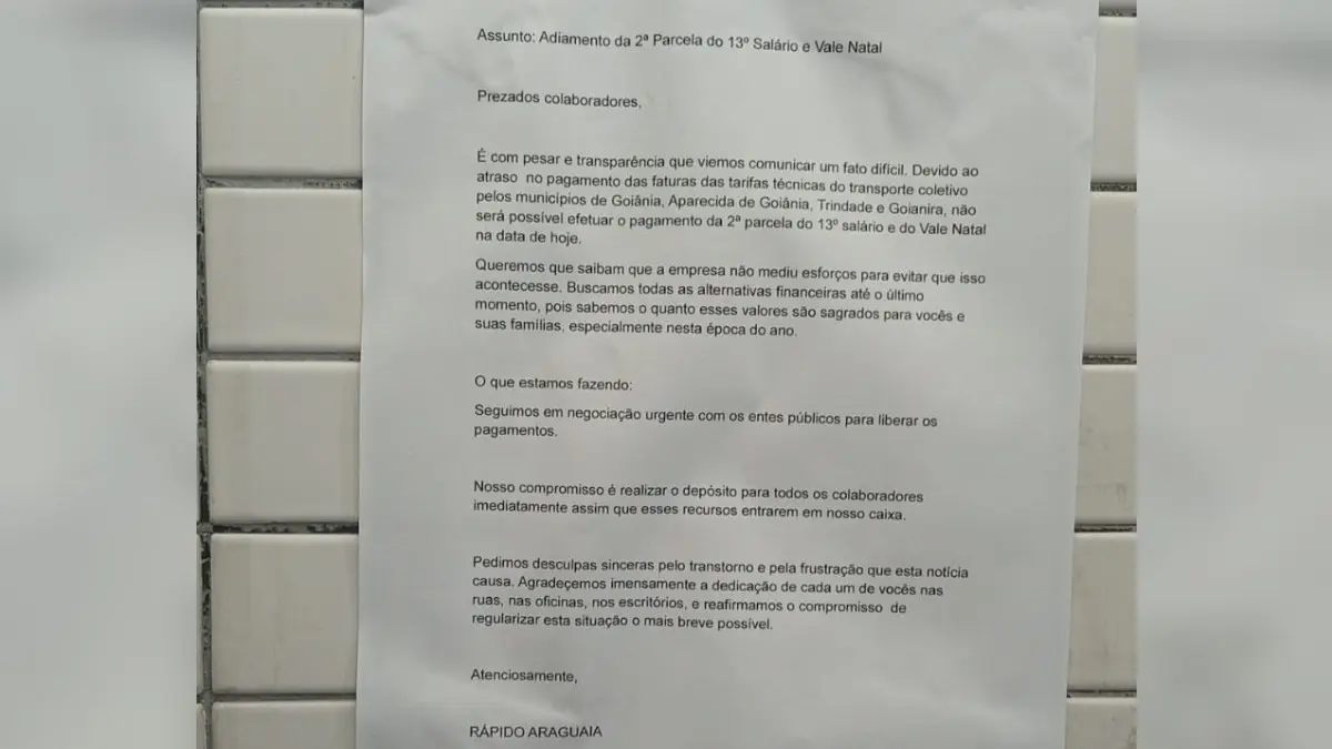 Rápido Araguaia comunica funcionários de atraso no décimo 13º e Vale Natal