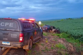 Carro utilizado pela dupla foi parar no meio do pasto - (Foto: divulgação/PM)