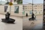 Imagens mostram homem circulando em canoa pelas ruas de Caldas Novas