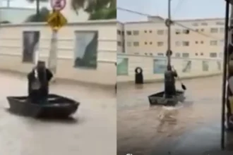 Imagens mostram homem circulando em canoa pelas ruas de Caldas Novas